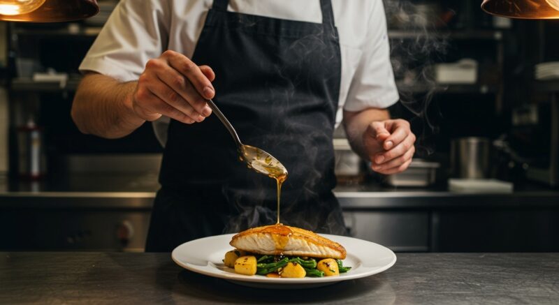 A,Professional,Chef,,Wearing,A,Black,Apron,,Is,Elegantly,Dressing